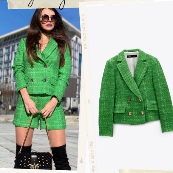 Zara Kate Middleton Textured Tweed Boucle Apple Green Gold Button Cropped Blazer - Picture 3 of 14